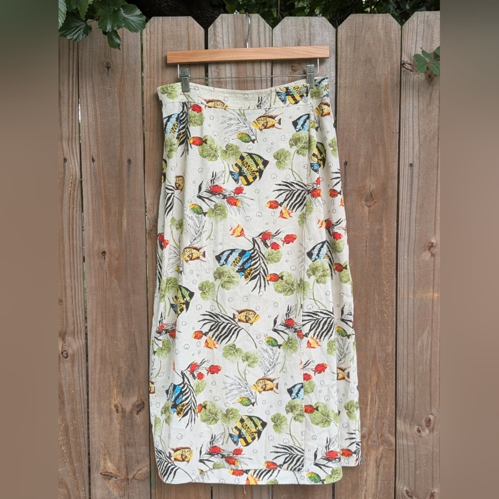 Vintage Stonebridge Coastal Tropical Fish Patterned Linen Blend Maxi Wrap Skirt